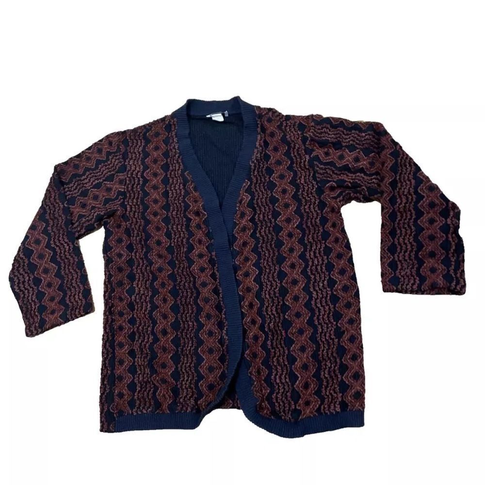 Vintage MIMOSA USA Open Cardigan Chunk Knit Brown Black Rayon Blend Gran Retro L